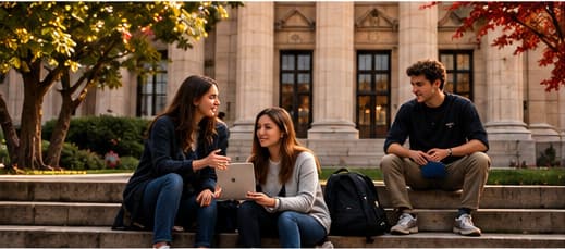 Students discussing their work in a campus courtyard
